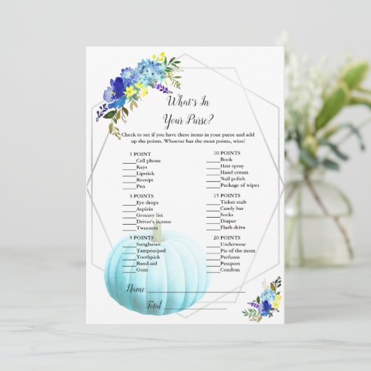 Pumpkin-Baby shower Wat zit er in je tas? | Blauw Kaart (Staand voorkant)