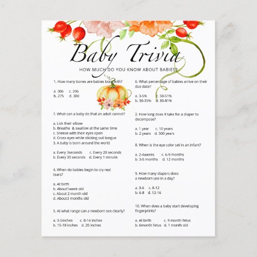 Pumpkin Baby Trivia Baby shower Game (Voorkant)
