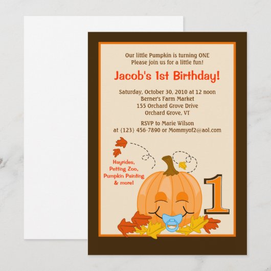 Pumpkin Baby's 1e verjaardag Halloween 5x7 Uitnodi Kaart (Voorkant / Achterkant)