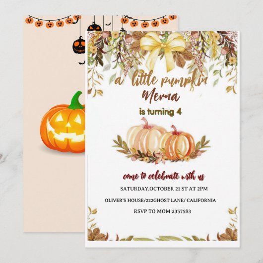pumpkin  Birthday Invitation Editable Digital Down Kaart (Voorkant / Achterkant)