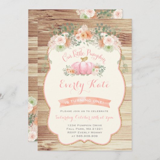 Pumpkin Birthday Invitation Rustic Pumpkin Party Kaart (Voorkant / Achterkant)