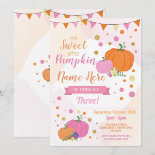 Pumpkin Birthday Invite Herfst Pink Girl Gold  Kaart