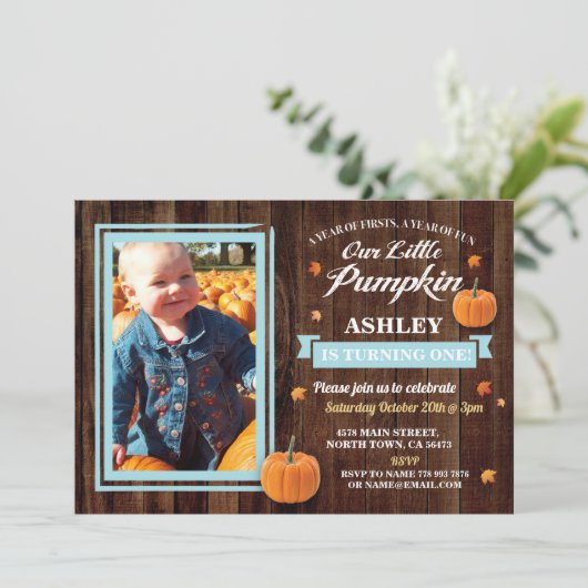Pumpkin Birthday ONE Photo Blue Herfst 1st Invite Kaart (Staand voorkant)