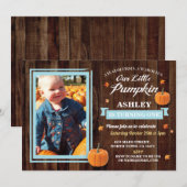 Pumpkin Birthday ONE Photo Blue Herfst 1st Invite Kaart (Voorkant / Achterkant)