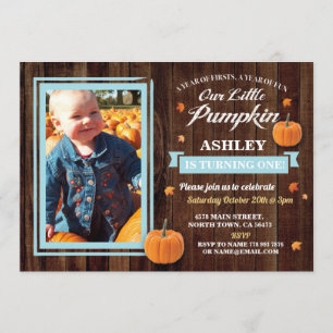 Pumpkin Birthday ONE Photo Blue Herfst 1st Invite Kaart