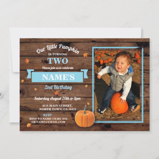Pumpkin Birthday Party Foto Herfst Blue Boy Invite Kaart (Voorkant)