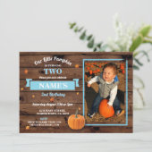 Pumpkin Birthday Party Foto Herfst Blue Boy Invite Kaart (Staand voorkant)