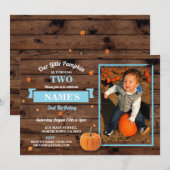 Pumpkin Birthday Party Foto Herfst Blue Boy Invite Kaart (Voorkant / Achterkant)
