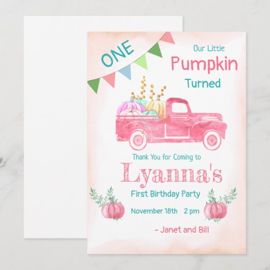 Pumpkin Birthday, Pumpkin Party, First Birthday Bedankkaart (Voorkant / Achterkant)