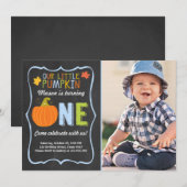 Pumpkin Birthday-uitnodiging Blue First Birthday Kaart (Voorkant / Achterkant)