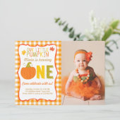 Pumpkin Birthday-uitnodiging Oranje eerste verjaar Kaart (Staand voorkant)