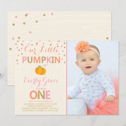 Pumpkin Birthday Uitnodiging Roze Gold Pumpkin (Voorkant / Achterkant)