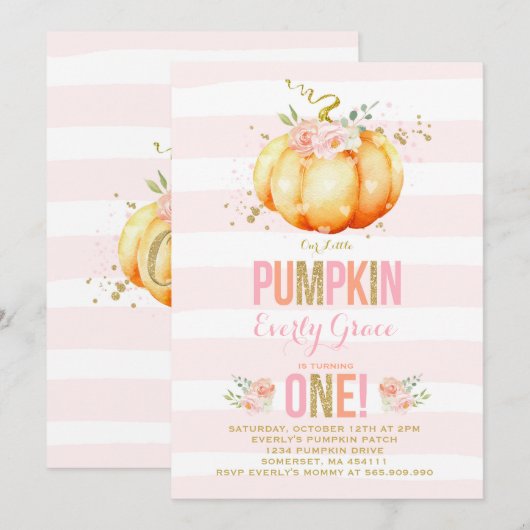 Pumpkin Birthday Uitnodiging Roze Gold Pumpkin (Voorkant / Achterkant)