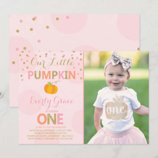 Pumpkin Birthday Uitnodiging Roze Gold Pumpkin (Voorkant / Achterkant)
