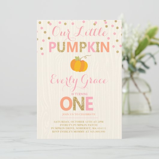 Pumpkin Birthday Uitnodiging Roze Gold Pumpkin (Staand voorkant)