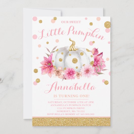 Pumpkin Birthday Uitnodiging Roze Gold Pumpkin (Voorkant)