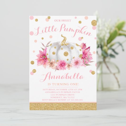 Pumpkin Birthday Uitnodiging Roze Gold Pumpkin (Staand voorkant)