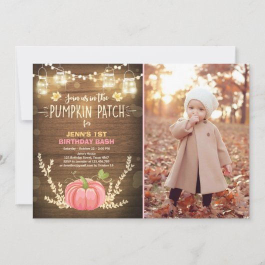 Pumpkin Birthday uitnodiging Roze meisje Birthday (Voorkant)
