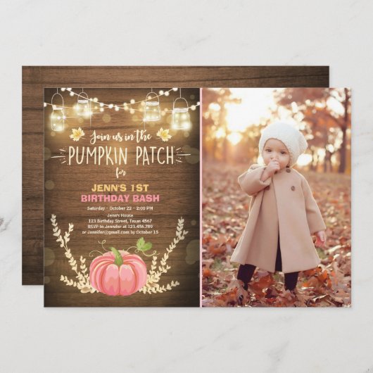 Pumpkin Birthday uitnodiging Roze meisje Birthday (Voorkant / Achterkant)