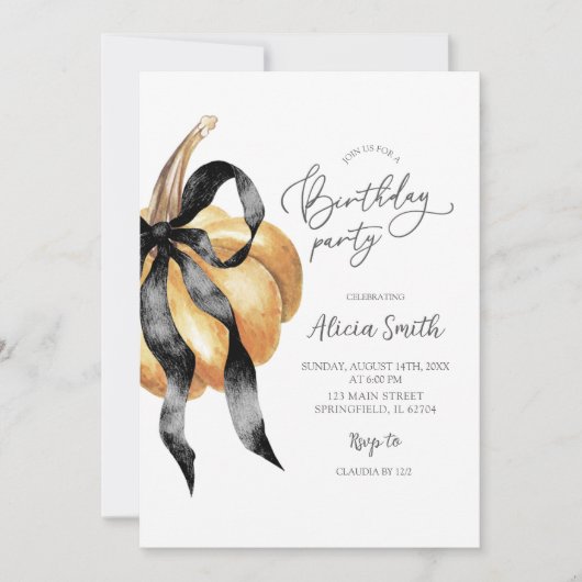 Pumpkin Black Bow Verjaardagsfeestje uitnodiging (Voorkant)