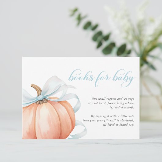 Pumpkin Blue Bow Baby shower Boeken voor Baby Informatiekaartje (Staand voorkant)