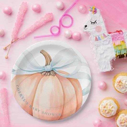 Pumpkin Blue Bow Baby shower Papieren Bordje (Feest)