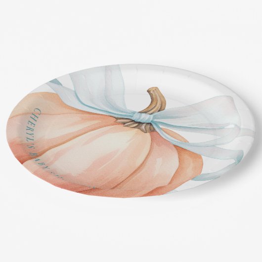 Pumpkin Blue Bow Baby shower Papieren Bordje (Gekanteld)
