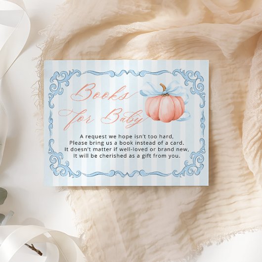 Pumpkin Blue Bow Boy Baby shower Boek Verzoek Informatiekaartje
