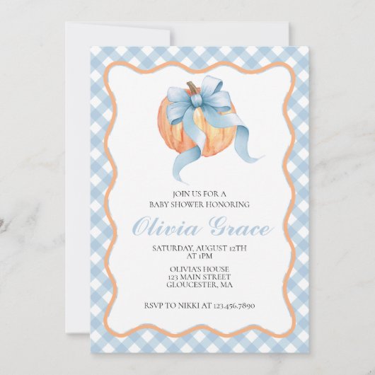 Pumpkin Blue bow Plaid baby shower Uitnodiging (Voorkant)