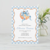 Pumpkin Blue bow Plaid baby shower Uitnodiging (Staand voorkant)
