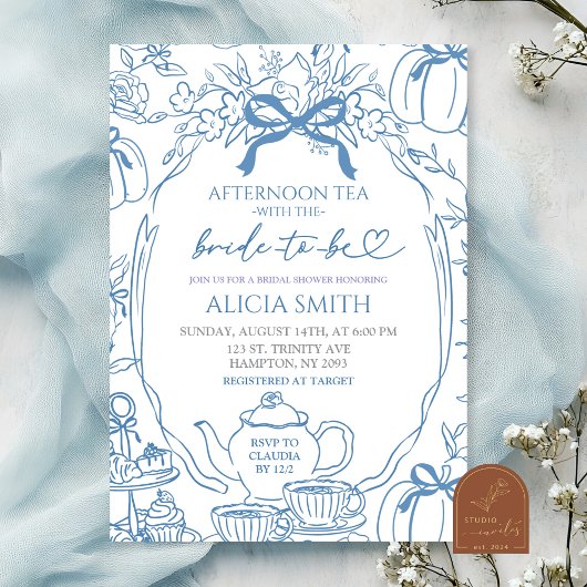 Pumpkin Blue Bow Toile Bridal Shower Tea Party Kaart