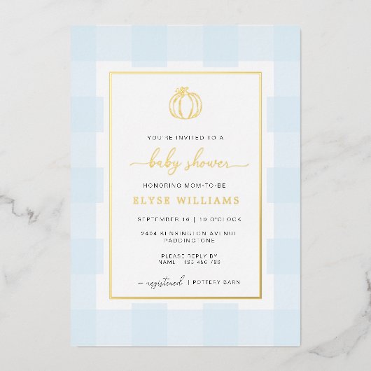 Pumpkin Blue Gingham Baby shower Folie Folie Uitnodiging (Voorkant)