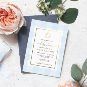 Pumpkin Blue Gingham Baby shower Folie Uitnodiging