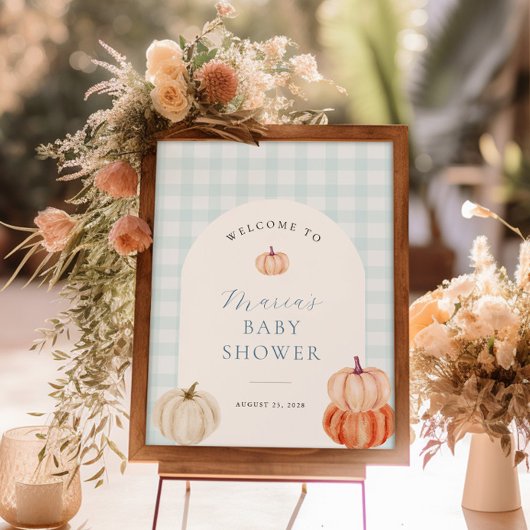 Pumpkin Blue Gingham Baby shower Welkom Poster