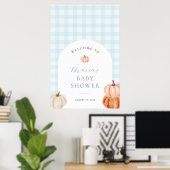 Pumpkin Blue Gingham Baby shower Welkom Poster (Thuiskantoor)