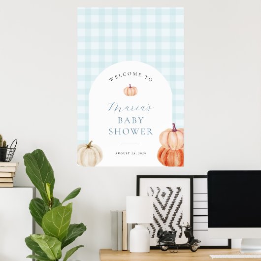 Pumpkin Blue Gingham Baby shower Welkom Poster (Thuiskantoor)