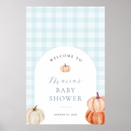 Pumpkin Blue Gingham Baby shower Welkom Poster (Voorkant)