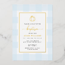 Pumpkin Blue Gingham Baptism Gold Foil Invitation