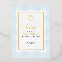 Pumpkin Blue Gingham Baptism Gold Foil Invitation Folie Uitnodiging
