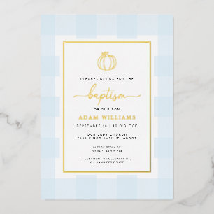 Pumpkin Blue Gingham Baptism Gold Foil Invitation Folie Uitnodiging