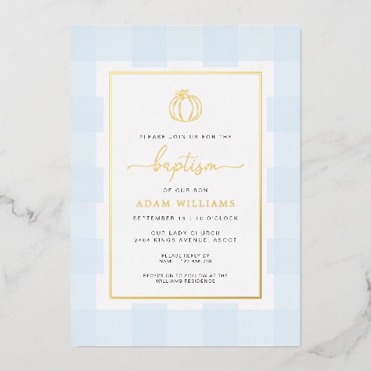 Pumpkin Blue Gingham Baptism Gold Foil Invitation Folie Uitnodiging (Voorkant)