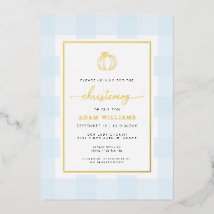 Pumpkin Blue Gingham Christening Folie Folie Uitnodiging