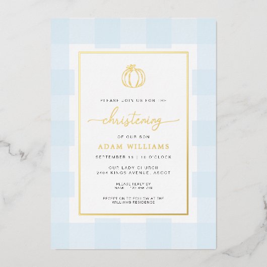 Pumpkin Blue Gingham Christening Folie Folie Uitnodiging (Voorkant)
