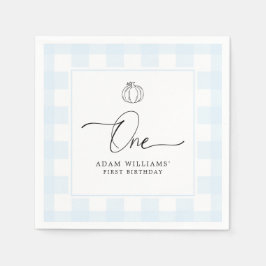 Pumpkin Blue Gingham First Birthday Paper Napkin Servet