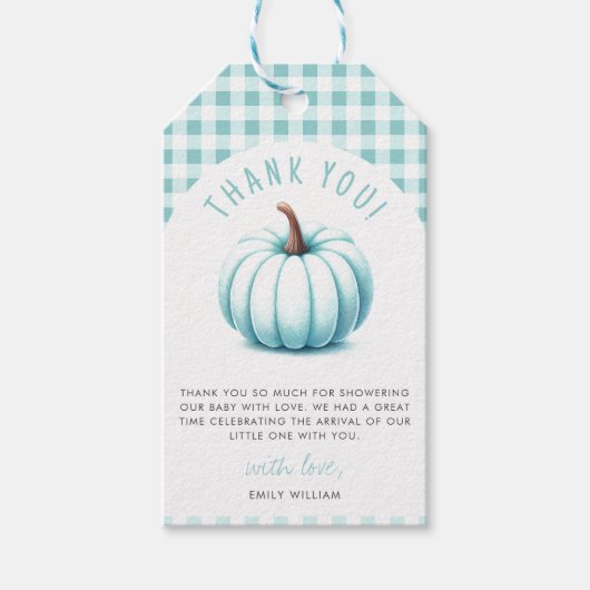 Pumpkin Blue Gingham Plaid Boy Baby shower Cadeaulabel (Voorkant)