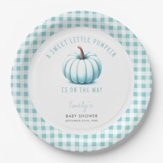 Pumpkin Blue Gingham Plaid Boy Baby shower Papieren Bordje (Voorkant)