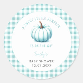 Pumpkin Blue Gingham Plaid Boy Baby shower Ronde Sticker