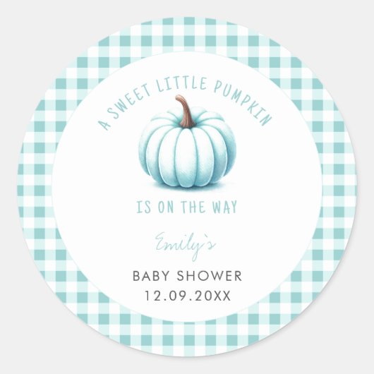 Pumpkin Blue Gingham Plaid Boy Baby shower Ronde Sticker (Voorkant)