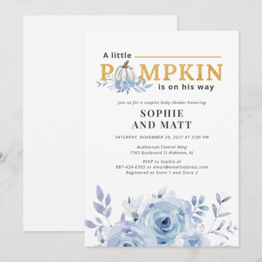 Pumpkin Blue Lila Botanische Boys Baby shower Kaart (Voorkant / Achterkant)