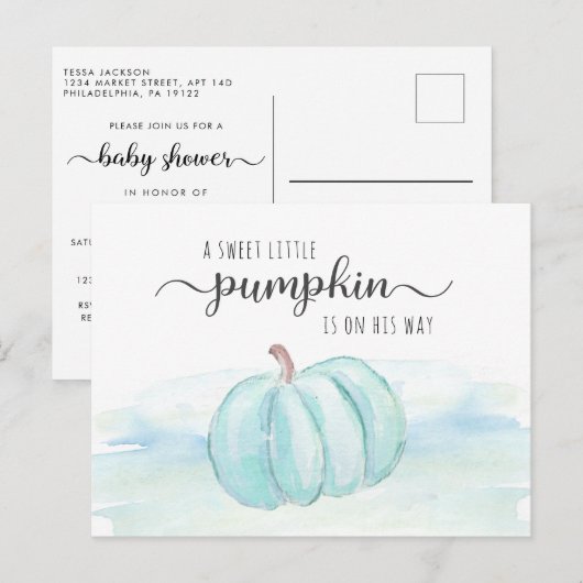 Pumpkin Blue Mint Waterverf Baby Boy Shower Uitnodiging Briefkaart (Voorkant / Achterkant)